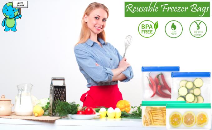 PEVA ، سيليكون ، أكياس طعام بالفريزر قابلة لإعادة الاستخدام للتخزين قابلة لإعادة الاستخدام ، حاوية غداء محكمة الإغلاق Zip lockk مانعة للتسرب 7