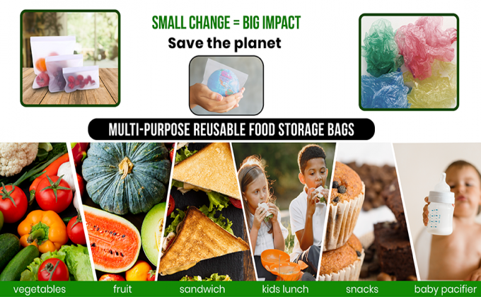 PEVA ، سيليكون ، أكياس طعام بالفريزر قابلة لإعادة الاستخدام للتخزين قابلة لإعادة الاستخدام ، حاوية غداء محكمة الإغلاق Zip lockk مانعة للتسرب 6