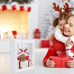 أكياس ورق كرافت مربعة الشكل ، حقيبة ورقية سميكة مع نافذة لحفلات الزفاف ، والحفلات ، وأعياد الميلاد ، والتسوق ، وأكياس الزهور 6