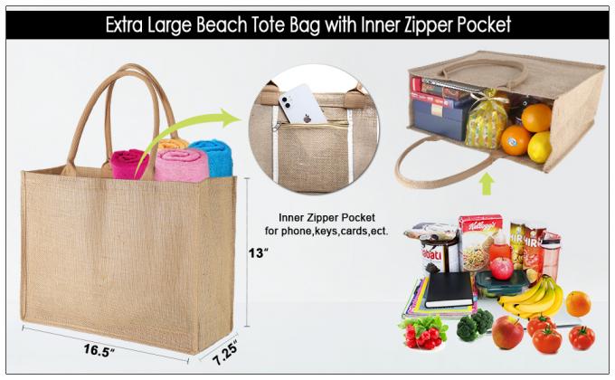 حقائب حمل من الخيش بالجملة مغلفة بالجوت الداخلي حقيبة حمل مجمعة كاملة مع جيب داخلي بسحاب ، مشغولات فنية ذاتية الصنع 1